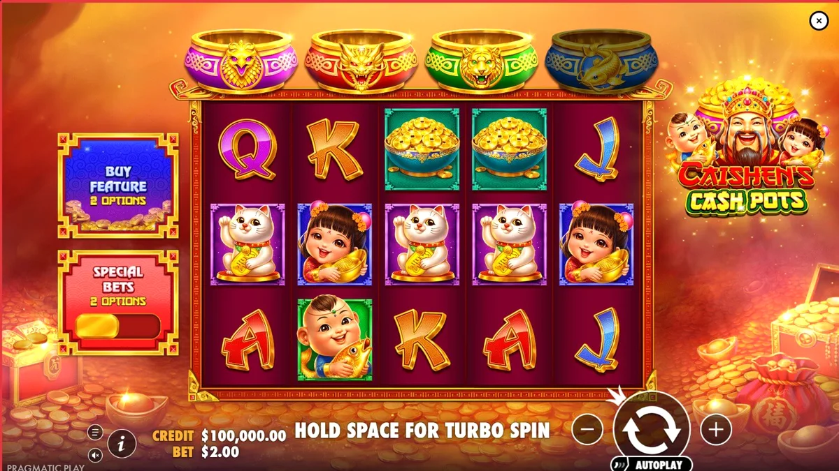 Caishen’s Cash Pots slot machine interface com tema de prosperidade