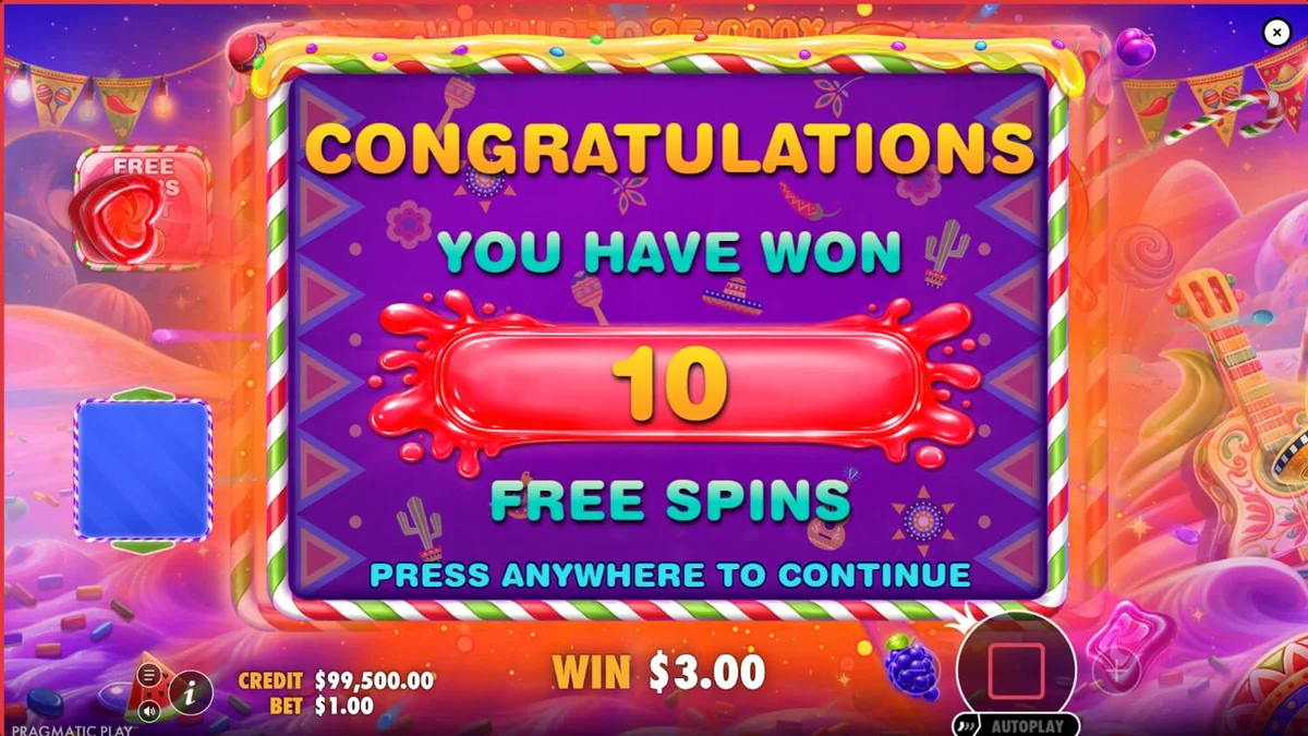 Interface colorida e festiva do jogo de slot Sweet Fiesta 1000 com tema de doces e carnaval.