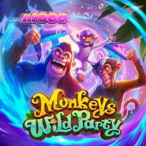 Interface do slot Monkeys Wild Party com grade 5x5 e temática de selva